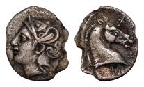 Ancient Coins - THESSALY, Pharsalos. Late 5th-mid 4th century BC. AR Hemidrachm (13-15mm, 2.27 g, ). Helmeted head of Athena left; A behind neck / Head of horse right within incuse circle.