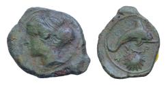 Ancient Coins - SICILY, Syracuse. Dionysios I. 405-367 BC. Æ Hemilitron 18mm, 2,6g. Female head left, hair in ampyx and sphendone; olive leaves behind neck / Dolphin right; shell below.