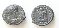 Ancient Coins - Constantine I Æ Follis. Treveri, AD 322. CONSTANTINVS AVG, laureate bust right, wearing trabea with eagle-tipped sceptre in right hand / BEATA TRANQVILLITAS