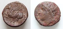 Ancient Coins - SICILY, Syracuse. Timoleon and the Third Democracy. 344-317 BC. Æ (19mm, 5.42 g, 7h). Laureate head of Apollo left / Pegasos flying left; uncertain letter(s) below. Cf. CNS 85; HGC