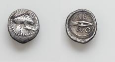 Ancient Coins - Sicily, Leontinoi, c. 476-466 BC. AR Litra  Facing lion's scalp.?  R/ Barley grain.  rare !
