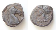 Ancient Coins - CARTHAGE. c. 300-264 BC. Æ Shekel(?) Carthage (or Uncertain Sardinian?) mint. Head of Tanit left, wearing wreath of grain ears and triple-pendant earring /Head of horse right