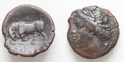 Ancient Coins - Sicily, Syracuse, Hieron II (275-215), Bronze AE19mm 6,55gr. c. 275-265 BC ΣYPAKOΣIΩN, wreathed head of Persephone l.; behind, poppy head, Rv. Bull charging l