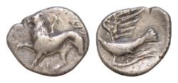 Ancient Coins - Peloponnesos. Sikyonia, Sikyon. Circa 431-400 BC. AR Hemidrachm (14,5mm. 2,26g.). Lion at bay left on ground line. Rev. Dove flying right.