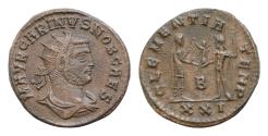 Ancient Coins - Carinus, as Caesar, Æ 20mm 4g. Antoninianus. Cyzicus, AD 282-283. M AVR CARINVS NOB CAES, radiate, draped and cuirassed bust right / CLEMENTIA TEMP,