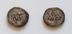 Ancient Coins - Sicily, Litra, Gela, 430-425 BC, AR 13mm 0,45g. Horseman l., holding shield and spear, Forepart of man-headed bull r. Good Very  fine. Rare !