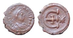 Ancient Coins - Justinian I, 527 - 565 AD AE Pentanummium, Antioch or Theoupolus Mint, 16mm, 1,7grams DN IVSTINIANVS PP AVG, Diademed, draped and cuirassed bust of Justinian right. Large E cross