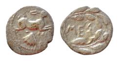 Ancient Coins - SICILY, Messana. 420-413 BC. AR Litra (11mm, 0.5 g, ). Hare springing right; scallop shell below / MEΣ within wreath.