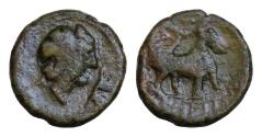 Ancient Coins - Sicily, Tauromenion, late 2nd century BC. Æ (17mm, 3,4g). Head of Dionysos r., wreathed with ivy; before, owl standing r. R/ Bull standing r.