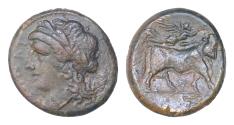 Ancient Coins - Campania, Teanum Sidicinum.Bronze circa 265-240, Æ 19mm, 5.25 g. Teanum in Oscan, laureate head of Apollo l.; in r. field, . Man-headed bull advancing r.; crowned by flying Nike