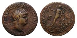 Ancient Coins - Nero (54-68), Dupondius, Lugdunum, ca. AD 66. AE 27mm 13,3g. IMP NERO CAESAR AVG P MAX TR POT P P, Laureate head r., Rv. VICTORIA AVGVSTI, Victory advancing