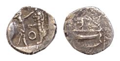 Ancient Coins - SAMARIA. Circa 375-333 BC. AR 8,5mm Obol (0,65gm). Phoenician galley sailing  / Persian king slaying lion;  Good VF,