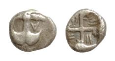 Ancient Coins - Thrace. Apollonia Pontica circa 540-530 BC. Hemiobol AR7 mm, 0,42g Anchor, A to left / Swastika within incuse square, two lines in each quarter.