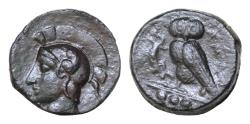 Ancient Coins - Camarina. Tetras circa 410-405, Æ14,5mm  3.65 g. Helmeted head of Athena l. Rev. KAMA retrograde Owl standing l., with closed wings, holding lizard