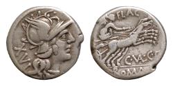 Ancient Coins - C. Valerius C.f. Flaccus AR Denarius. Rome, 140 BC. Helmeted head of Roma to right; X behind / Victory driving galloping biga to right; FLAC above, C•VAL•C•F below, ROMA in exergue