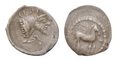 Ancient Coins - SICILY. Gela. Circa 465-450 BC. Litra (Silver, 13mm, 0.62 g,). Horse walking right; above, wreath; before, crescent. Forepart of Acheloos as a man-headed bull to right