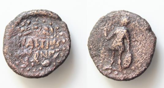 Ancient Coins - SICILY, Iaitia. After 241 BC. Æ 18mm (2,55 g). Warrior standing left, holding spear and shield / Legend in two lines within wreath. CNS I 3. Near VF