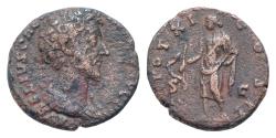Ancient Coins - Marcus Aurelius. As Caesar, AD 139-161. Æ As 26mm, 10 g,. Rome mint. Struck under Antoninus Pius, AD 153-154. Bareheaded and draped bust right / Salus standing left,  serpent
