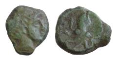 Ancient Coins - Sicily, Syracuse, Onkia, ca. 435-415 BC. AE 10,5mm  1,2g Head of Arethusa r dolphin behind Octopus