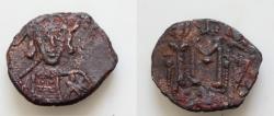 Ancient Coins - Constantine IV Æ40 Nummi Syracuse AD 674-681 helmeted and cuirassed bust  holding spear over right shoulder and shield / Large M between Heraclius and Tiberius