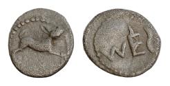 Ancient Coins - SICILY, Messana. 420-413 BC. AR 9mm Litra (0.63 gm). Hare bounding / MES (retrograde) in dotted border
