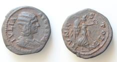 Ancient Coins - Julia Domna Æ23 of Stobi, Macedon. 193-217. Draped bust r. / Victory advancing l., holding wreath and palm