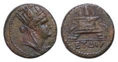 Ancient Coins - Seleukis and Pieria, Antioch. Æ18mm 6,5g Trichalkon. Caesarean Era 114 (= AD 65/6) time Nero. Turreted, veiled, and draped bust of Tyche r. / Garlanded altar.