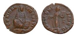 Ancient Coins - Time of Maximinus II. AD 310-313. Æ 15mm 1.2g, Antioch mint, 1st officina. Tyche of Antioch seated on rocks river god Orontes below / Apollo standing left holding patera and lyre