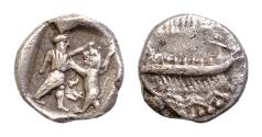 Ancient Coins - SAMARIA. Circa 375-333 BC. AR 8,5mm Obol (0.77 g) Sidonian galley left; double line of waves below / Persian king standing right, fighting lion standing before him on its hind legs