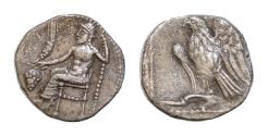 Ancient Coins - Cilicia, uncertain mint AR Obol. (12mm, 0.85 g) 4th century BC. Baaltars seated left on throne, holding grain ear, grape-bunch and sceptre / Eagle standing left on plow.