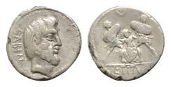 Ancient Coins - L. Titurius L.f. Sabinus, 89 BC. Denarius (Silver, 18mm, 3.26g,), Rome. SABIN Bare-headed and bearded head of King Titus Tatius , two soldiers hurling shields onto Tarpeia