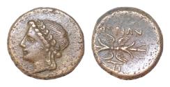 Ancient Coins - LUCANIA, Thourioi. Circa 280-213 BC. Æ (15mm, 3,43g, ). Laureate head of Apollo left / Winged thunderbolt; monogram below. HN Italy 1927; SNG ANS – Good VF.