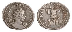 Ancient Coins - Gallienus AR 23mm 3,9g Antoninianus. Lugdunum, AD 258-259. GALLIENVS P F AVG, radiate and cuirassed bust right / GERMANICVS MAX V, trophy between two captives.