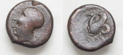 Ancient Coins - SICILY, Syracuse. Dionysios I, 405-367 BC. Litron (Bronze, 19mm, 7g ). ΣYP[A] Head of Athena to left, wearing Corinthian helmet decorated with laurel wreath. Rev. Hippocamp to left
