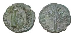 Ancient Coins - Nero. A.D. 54-68. Æ quadrans (15 mm, 1.7 g, 6). Rome, ca. A.D. 62. NERO CLA CAE AVG GER, helmet right resting atop column against which a shield with gorgoneion and spear