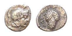 Ancient Coins - Cilicia, Soloi AR Obol. (10mm, 0.6g) Circa 350-330 BC. Head of Athena to right, wearing crested Corinthian helmet / Grape bunch, with tendril and leaf