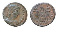 Ancient Coins - Delmatius. Caesar, AD 335-337. Æ Follis (15mm, 1.5g,). Antioch mint, 10th officina. Struck AD 335-7. Laureate, draped, and cuirassed bust right / Two soldiers, each holding reverse