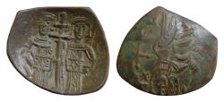 Ancient Coins - Latin Rulers of Constantinople. 1204-1261. Æ Trachy (20mm, 2,06 g, ). Christ Pantokrator enthroned facing / Sts. Helena and Constantine standing facing,