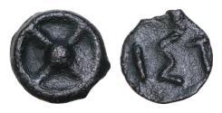 Ancient Coins - Moesia, Istros Cast Æ 12mm. 1,2g 5th - 4th centuries BC. Four-spoked wheel / IΣΤ.