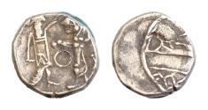 Ancient Coins - Samaria, uncertain mint AR Obol. Circa 375-333 BC. 0,6g.9mm. Sidonian galley to left over waves. Rev: Persian king battling lion, O between; all within incuse square.