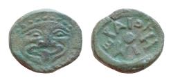 Ancient Coins - Sicily, Himera Æ Onkia. Circa 460-450 BC. Gorgoneion with protruding tongue / HIMERAION around pellet. CNS I, p. 28, 1; HGC 2, 471. 1,7g, 11mm. Extremely Fine. Extremely Rare.