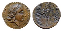 Ancient Coins - Thrace, Mesembria Æ 20mm. 6g Circa 175-115 BC. Diademed female head to right / Athena Promachos to left, between MEΣAM BPIANΩΝ downward to each side, crested helmet in inner left