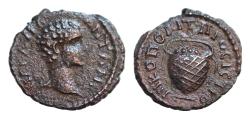 Ancient Coins - MOESIA INFERIOR, Nicopolis ad Istrum Caracalla. Caesar AD 196-198 Æ Assarion 17,5mm 2.6g Struck under Septimius Severus Bare head r. / Wicker basket with handles, containing Fruit