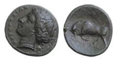 Ancient Coins - SICILY, Syracuse. Fourth Democracy or Hiketas II. 289-287 BC or 287-278 BC. Æ Trias(?) (16mm, 3.66 g, ). Struck 289-285 BC. Head of Kore left; amphora behind / Bull butting left