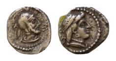 Ancient Coins - CILICIA, Tarsos. Datames, Satrap. 378-372 BC. AR 9,5mm  Obol (0.63 gm). Female head right, wearing earring and necklace / Bearded male head right, wearing Athenian helmet
