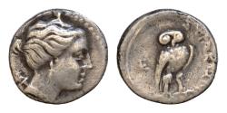Ancient Coins - SICILY. Syracuse. Time of Hieron II, 216-215/4 BC. 1 1/2 Litra (Silver, 12 mm, 1g,), in the name of the Syrakosioi. Bust of Artemis to right, wearing pendant earring