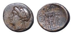 Ancient Coins - LUCANIA, Thourioi. Circa 280-213 BC. Æ (13mm, 1.8g, ). Laureate head of Apollo right / Tripod; Very Fine