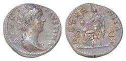 Ancient Coins - Diva Faustina Senior, died 140/1. Dupondius  27 mm, 13,2g  Rome. DIVA FAVSTINA Veiled and draped bust of Diva Faustina to right.  AETERNITAS / S C Aeternitas seated