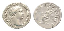 Ancient Coins - Trajan (98-117). AR Denarius (18mm, 3.2g,). Rome, 98. Laureate head r. R/ Victory seated l. on throne, holding patera and palm frond.