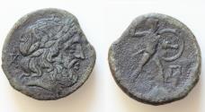 Ancient Coins - Sicily, Messana, The Mamertinoi, c. 220-200 BC. Æ Pentonkion (26mm, 11,1g). Laureate head of Zeus r.; pentagram !!!!  behind. R/ Warrior advancing r., holding shield and spear; Π